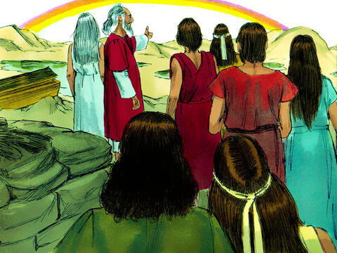 God put a rainbow in the sky. God then told Noah, ‘This rainbow is the sign of my promise never to flood the whole earth again.’ – Slide 24