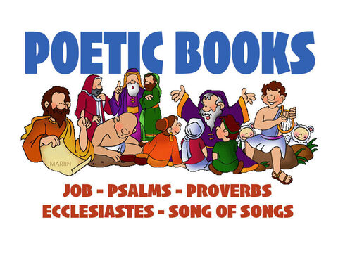 Five books in the Bible are known as books of poetry: Job, Psalms, Proverbs, Ecclesiastes and Song of Songs. (The book of Lamentations is sometimes listed as a poetic book as well). <br/>These books are almost entirely made up of poems, songs, and wise sayings that the ancient Jews used to make wise decisions and worship God. – Slide 1