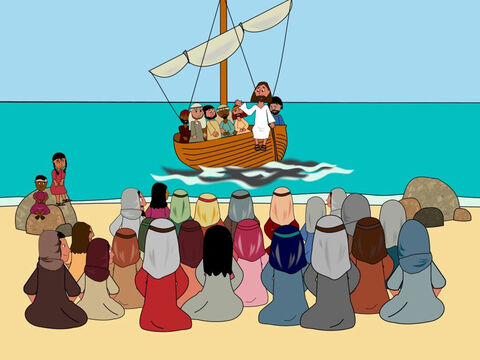 One day Jesus was teaching the people and there were so many that He had to climb into a boat while the crowd sat on the shore. Jesus spoke to them as the boat bobbed up and down on the water. – Slide 1