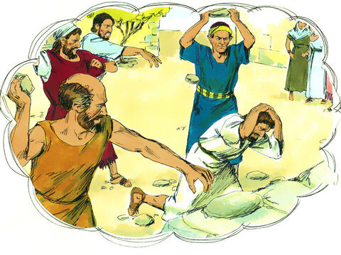 A mob of Gentiles and Jews, along with their leaders, plotted to attack and stone Paul and Barnabas. – Slide 14