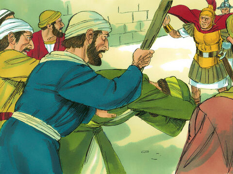 Paul was grabbed and dragged out of the Temple, and immediately the gates were closed behind him.  As they were trying to kill him, word reached the commander of the Roman regiment that Jerusalem was in an uproar. He immediately called out his soldiers and officers and ran down among the crowd. – Slide 5