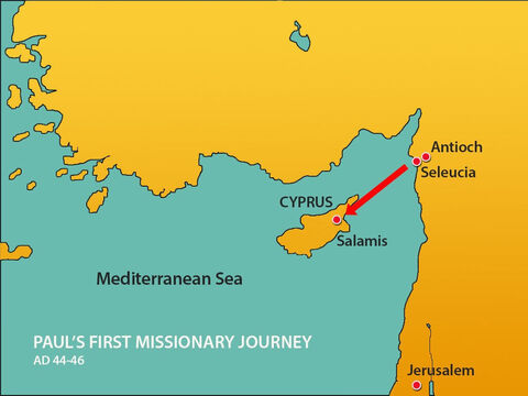 The missionaries landed at the port of Salamis on the west coast. – Slide 12