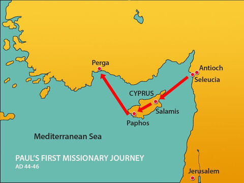 At Paphos, Paul, Barnabas and Mark boarded a ship to Perga to continue their travels. – Slide 19