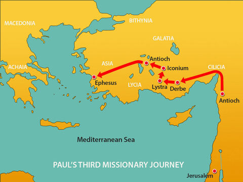 After his second missionary trip Paul spent time in Antioch before setting off inland through Galatia and Phrygia encouraging the Christians who met there. He then made his way to Ephesus, the fourth largest city in the Roman Empire, with a population of over 250,000. – Slide 1