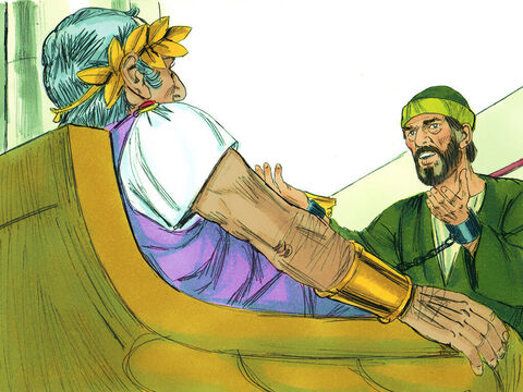 When Porcius Festus took over as Governor from Felix, the Jewish authorities asked for Paul to be put on trial in Jerusalem (hoping to ambush and kill him on the way). Festus instead agreed to a fresh trial in Caesarea. Paul denied the charges saying, ‘I am not guilty of any crime against the Jewish laws or the Temple or the Roman government.’ – Slide 1