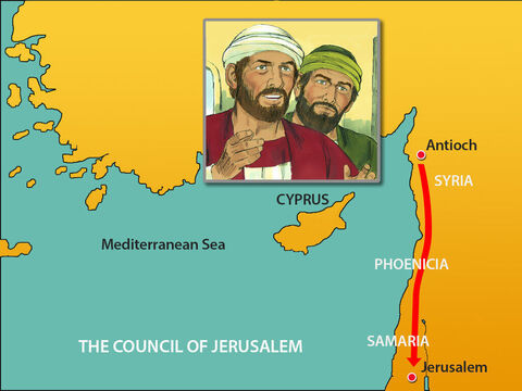 The church sent Paul and Barnabas to Jerusalem, accompanied by some local believers, to talk about this matter with to the apostles and elders in Jerusalem. On the way they stopped to tell Christians living in Phoenicia and Samaria that many Gentiles were now followers of Jesus. – Slide 3