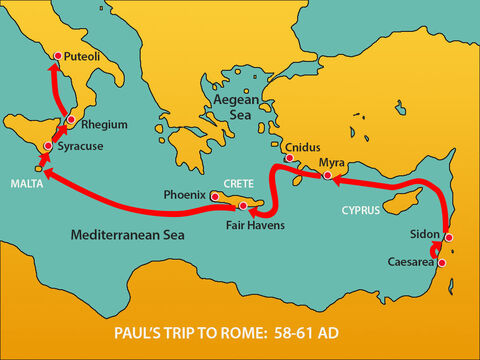 They stopped at Syracuse for three days then sailed across to Rhegium. A day later, a south wind began blowing so they sailed up the coast to Puteoli. – Slide 6
