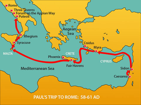 From there they made their way north to Rome. Christians in Rome had heard they were on the way and travelled to meet Paul at the Forum on the Appian Way. Others joined Paul at The Three Taverns. – Slide 8
