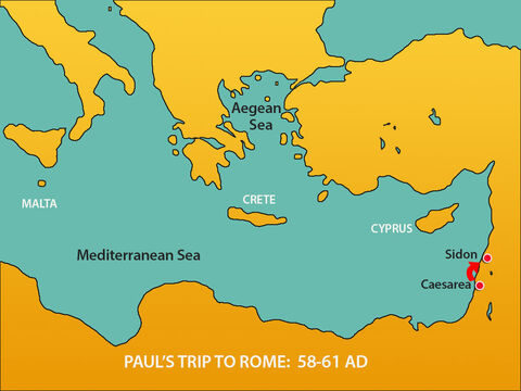 They set sail and the next day docked in Sidon. Julius kindly let Paul go ashore to visit friends who provided for his needs. – Slide 2