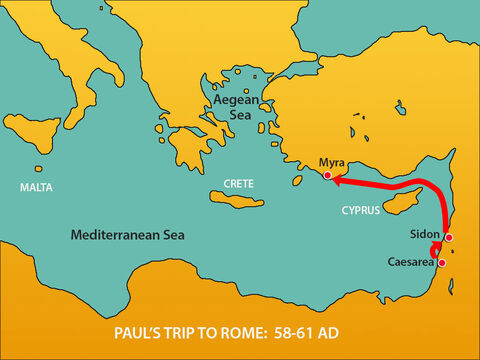 Putting out to sea again, they encountered strong headwinds that made it difficult to keep the ship on course. Passing by Cyprus they sailed along the coast of Cilicia and Pamphylia, landing at Myra. – Slide 3