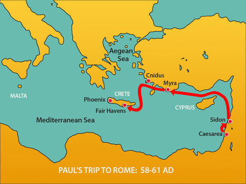 However, the wind was against them so they sailed south to Crete and finally arrived at Fair Havens. – Slide 6