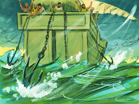 They were afraid they would be driven against the rocks along the shore, so they threw out four anchors from the back of the ship and prayed for daylight. – Slide 16