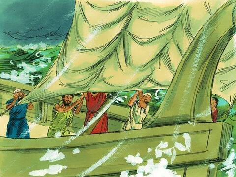 So they cut off the anchors and they lowered the rudders, raised the foresail, and headed toward shore.  – Slide 23