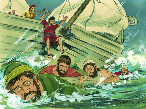 Then he ordered all who could swim to jump overboard first and make for land. The others held on to planks or debris from the broken ship. – Slide 26