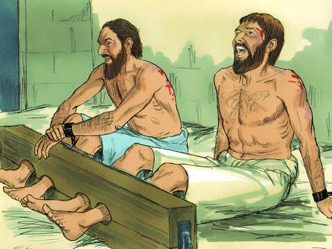 The jailer was ordered to make sure they didn’t escape. So, he put them into the inner dungeon and clamped their feet in the stocks. Around midnight Paul and Silas were praying and singing hymns to God, and the other prisoners were listening. – Slide 6