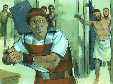 The jailer woke up to see the prison doors wide open. He assumed the prisoners had escaped, so he drew his sword to kill himself. But Paul shouted to him, ‘Stop! Don’t kill yourself! We are all here!’ The jailer called for lights and ran to the dungeon and fell down trembling before Paul and Silas. Then he brought them out and asked, ‘Sirs, what must I do to be saved?’ – Slide 8