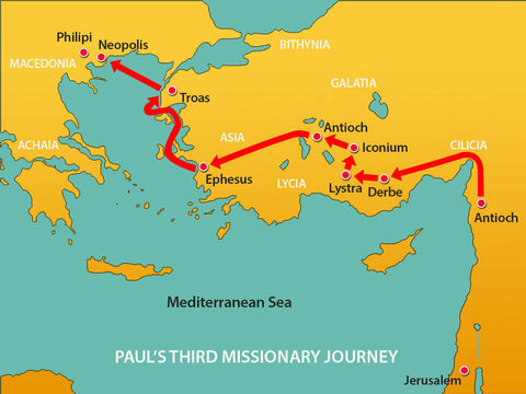 After the riot in Ephesus Paul made his way to Troas and then sailed to Macedonia. – Slide 1