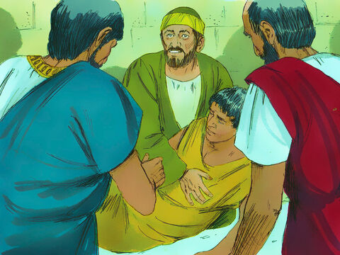  Paul went down, bent over him, and took him into his arms. ‘Don’t worry,’ he said, ‘he’s alive!’   – Slide 12