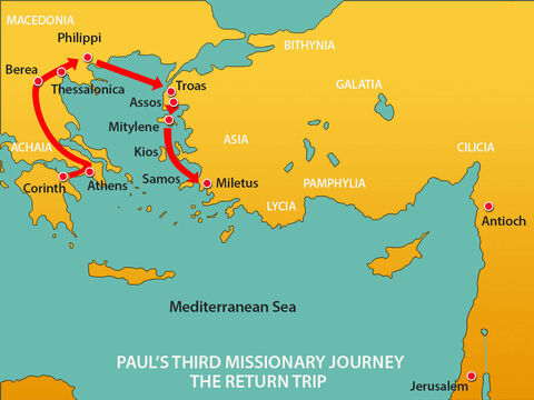 Paul and his companions went overland to Assos, where they boarded a ship for Mitylene. The next day they sailed past the island of Kios. The following day they crossed to the island of Samos, and a day later they arrived at Miletus. – Slide 14