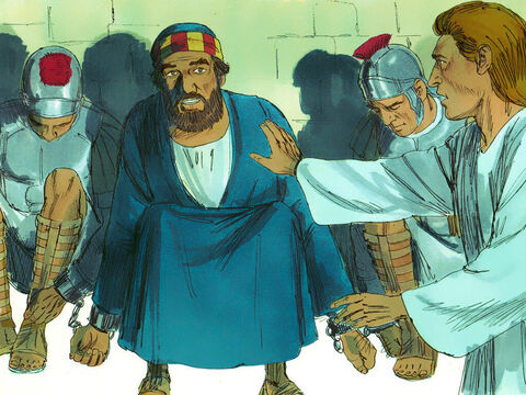 The night before Peter’s trial, he was fast asleep chained between two soldiers with guards by the entrance. Suddenly an angel of the Lord appeared, lighting up the cell. He struck Peter on the side and woke him up. ‘Quick, get up!’ he said, and the chains fell off Peter’s wrists. – Slide 4