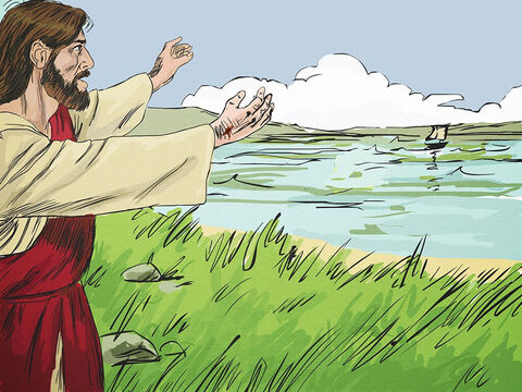 Early the next morning, Jesus appeared on the shore but those in the boat could not see it was Jesus. ‘Friends, have you caught any fish?’ Jesus asked. <br/>‘No,’ they replied. – Slide 3