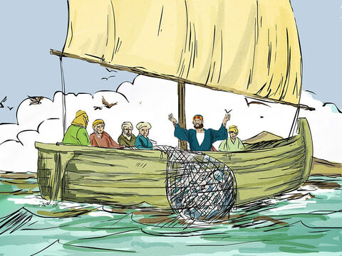 They struggled to haul the net in because of the large number of fish they caught. – Slide 5