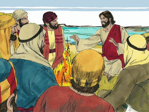 Jesus told them to bring in their catch. They counted 153 large fish. ‘Come and have breakfast,’ said Jesus and gave them bread and fish to eat. They all knew it was the risen Lord Jesus – the third time they had seen Him alive after He had been crucified. – Slide 8