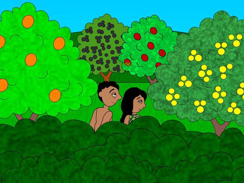Then Adam and Eve heard the voice of God as He walked in the garden in the cool of the day and they were afraid and hid themselves amongst the trees. God called out to them and Adam answered, ‘I am hiding. I was naked and it made me afraid.’ – Slide 9