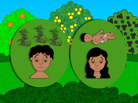 Then God spoke to Eve and said because of her disobedience she would suffer pain when giving birth to children. And to Adam He said that the earth would produce thorns and weeds and it would be very hard work to grow crops. – Slide 12