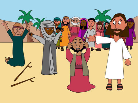 As soon as Jesus arrived on the beach many people were waiting for Him. They listened as He told them stories about God and watched as He healed everyone who was sick. – Slide 2