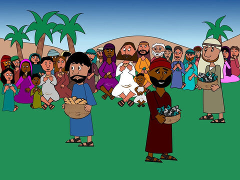As the disciples gave out the food suddenly they realised that Jesus had done a miracle! There was enough bread and fish for all the people. Everyone had food to eat and they were very happy! – Slide 7