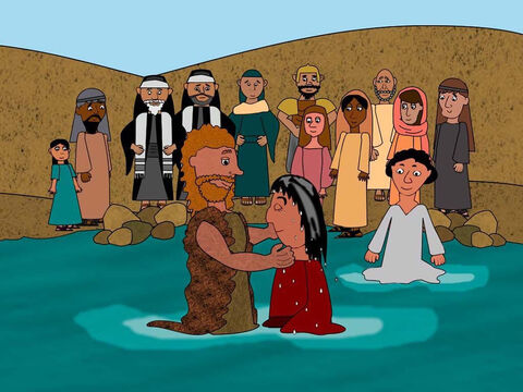 John the Baptist began his work for God in the desert. Everyday people came to him and were baptised in the River Jordan for the forgiveness of their sins. – Slide 1