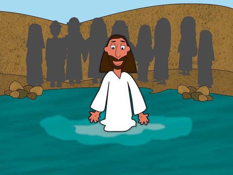 One day, whilst John was baptising, Jesus came to the river. He walked into the water towards John because He wanted to be baptised. – Slide 2
