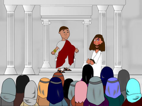 Then the chief priests took Jesus to Pontius Pilate the governor. He asked Jesus lots of questions and when he was finished he told everyone that he could find nothing wrong with Jesus. He declared Him to be innocent. – Slide 4