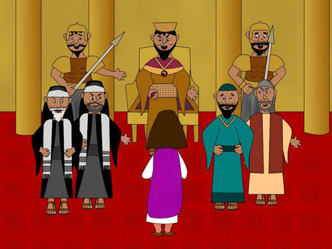 Pilate decided to send Jesus to King Herod to be questioned. Herod was glad to see Jesus. He wanted to know about all His miracles. He asked Him lots of questions but Jesus said nothing. Then Herod and all his court and his soldiers made fun of Jesus and put a royal robe round His shoulders pretending He was a king. – Slide 5