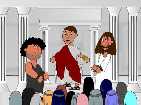 Jesus was taken back to Pilate. The governor asked the crowd who he should set free: a murderer called Barabbas or Jesus? The crowd shouted ‘Free Barabbas and crucify Jesus!’ Pilate knew Jesus was innocent but he was afraid of the crowd and so he set the murderer free and ordered Jesus to be whipped and then crucified. – Slide 6