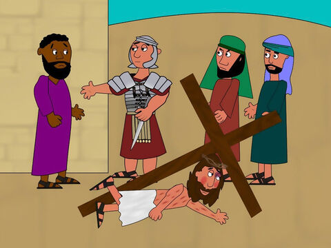 It was very hard for Jesus to carry His cross because He had been beaten so much. One of the soldiers found a man in the crowd called Simon of Cyrene. They made him take the cross from the shoulders of Jesus and carry it out of the city to a place called Golgotha were they would crucify Jesus. – Slide 9