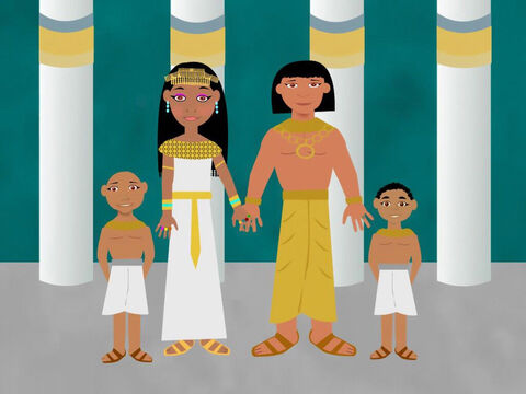 Joseph married an Egyptian woman called Asenath. She gave birth to two boys. The first was called Manasseh and the second was called Ephraim. God blessed Joseph with a lovely family. – Slide 2