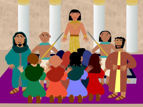 When the 10 brothers arrived to buy grain, Joseph recognised them but did not let on who he was. The brothers bowed down before him not knowing it was their brother Joseph. Joseph accused his brothers of being spies. – Slide 5