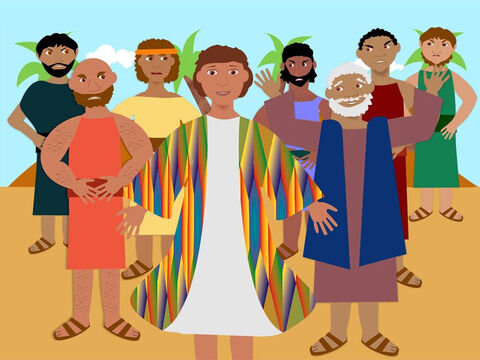 Once there was a young man called Joseph and he lived with his father Jacob and 11 other brothers in the land of Canaan. Joseph was the favourite child of his father and one day he was given a coat of many colours. This made the other brothers very jealous and they hated Joseph. – Slide 1