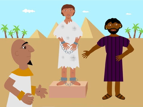 Joseph was taken down to Egypt to be sold by the merchants but God was still with him. A man called Potiphar, who was captain of Pharaoh’s guard, bought Joseph to be a servant in his household. – Slide 1