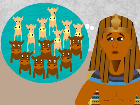 Pharaoh had two dreams. In the first dream he saw 7 fat cows come up out of the river and feed from the grass in the meadow. But then he saw 7 thin cows come up out of the river and eat the 7 fat cows. – Slide 9