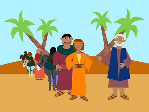 When Jacob and his family had eaten all the grain they brought from Egypt, they were hungry once more. Judah told his father they could return to Egypt and buy more food but Benjamin must return with them. Jacob did not want to let the young man go but in the end, with a sad heart, he said goodbye to him and his other sons. – Slide 1