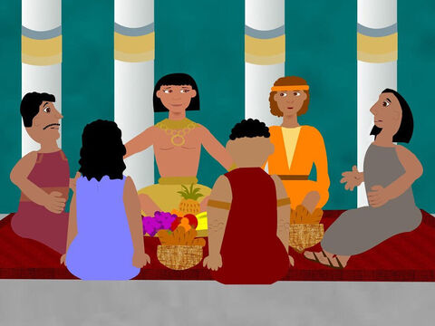 All of the men were seated with Joseph and ate a great meal in his house. He put them in order of their ages and they were all amazed at this. He also gave Benjamin five times more food than the rest of them. They enjoyed themselves very much eating and drinking but none of them realised it was their brother Joseph who was with them. – Slide 4