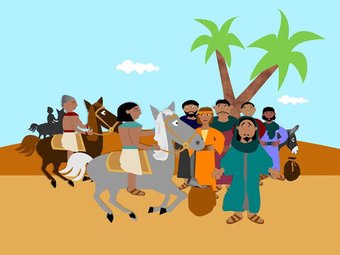 Early that morning as the brothers travelled home Joseph sent the steward after them. When he caught up with them he searched all their sacks and quickly found the silver cup in Benjamin’s sack. He said the youngest brother must become the slave of Joseph but all of the men agreed to travel back to Egypt to try and explain that he had done nothing wrong. – Slide 6