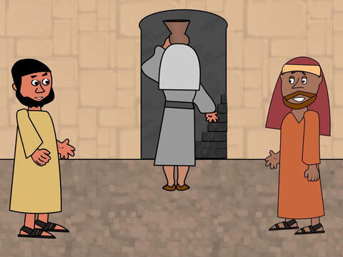 The man finally came to a house and went inside. Peter and John followed and told him what Jesus had said. At once the man showed them a large upper room just as Jesus had told them. They began preparing the room and the food for the Passover meal. – Slide 3