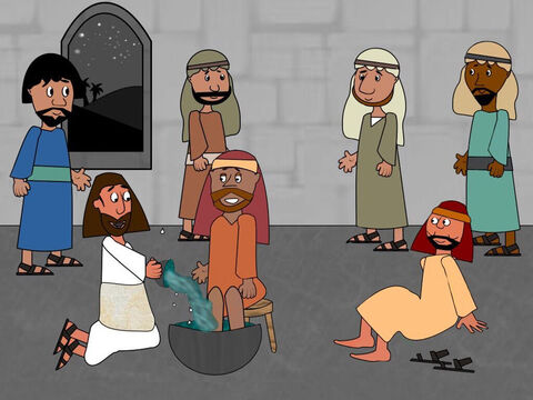 There was no servant to wash the disciples’ feet when they arrived. During the Passover meal Jesus wrapped a towel around Him and began to wash the disciples’ feet. Jesus told them He wanted them to have the attitude of a servant and be prepared to help each other. ‘Love and serve each other as I am serving you now,’ Jesus said. – Slide 4