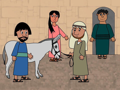 The two disciples did as they were told and found the donkey tied up outside the house. As they began to lead it away the owners came out and asked what they were doing. ‘The Lord needs it,’ they replied. The owners were happy to let their donkey be used by Jesus. – Slide 2