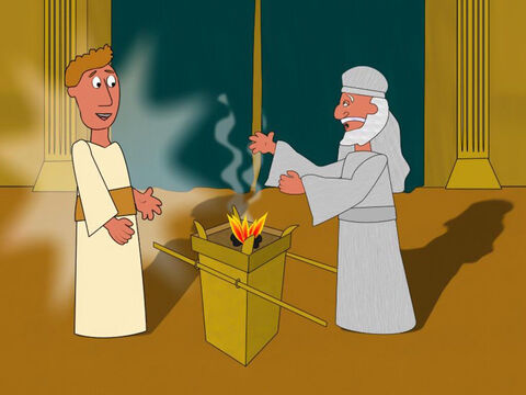 One day, it was Zacharias’ turn to burn incense in the temple and while he was there an angel appeared to him. He said that God had heard their prayers and Elizabeth was going to have a baby. Zacharias found this hard to believe and so the angel said, ‘You will not be able to speak until the baby is born.’ – Slide 2