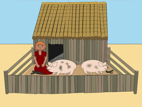 ‘Now the younger son had no money to buy food or clothes or a place to live. Eventually he found work looking after some pigs but he hated it because it was dirty and smelly. He didn’t have enough to eat and he was so hungry he even wanted to eat the pig food.’ – Slide 9